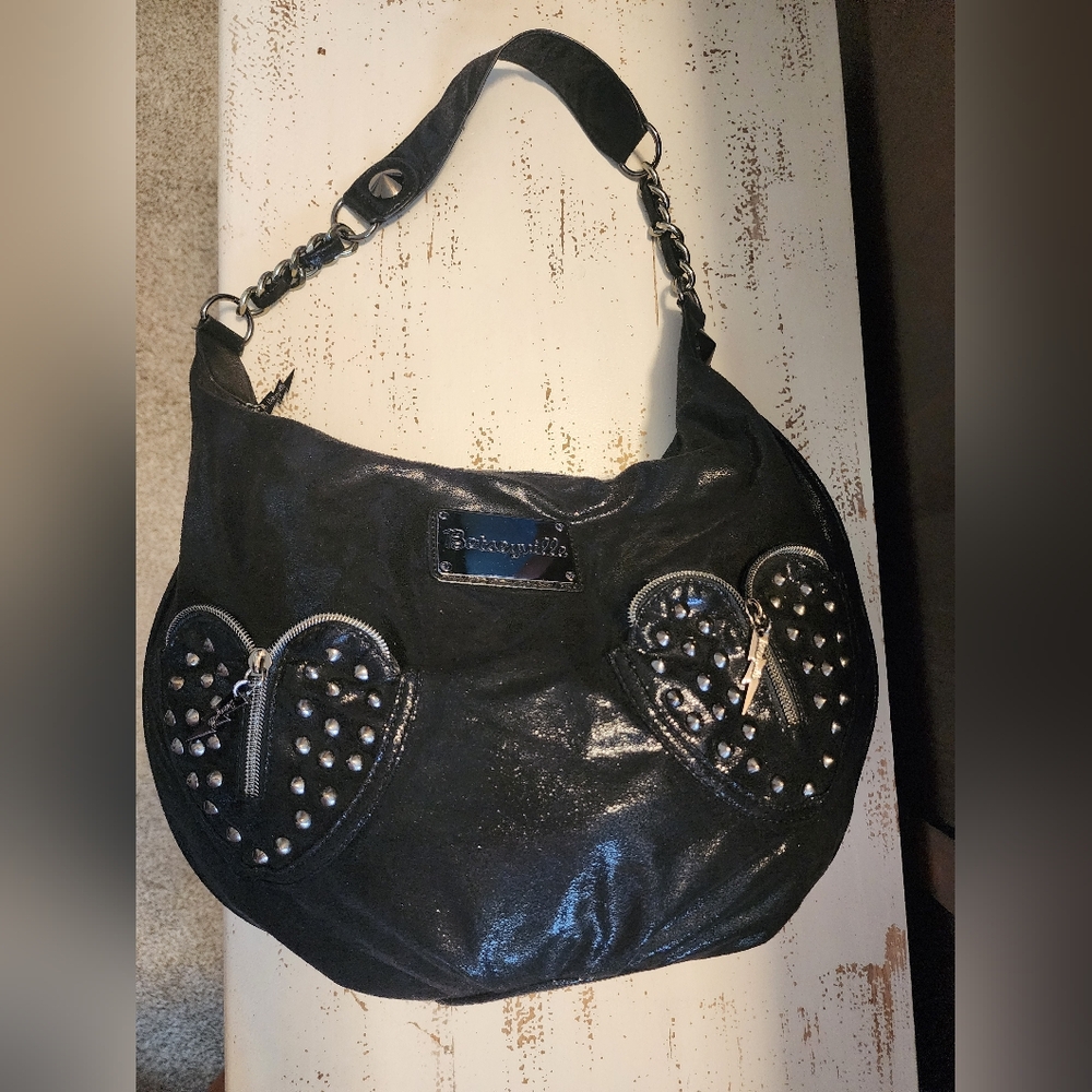 Betsey Johnson/Betseyville Sparkly Black Studded Handbag w/ Heart Zipper Detail